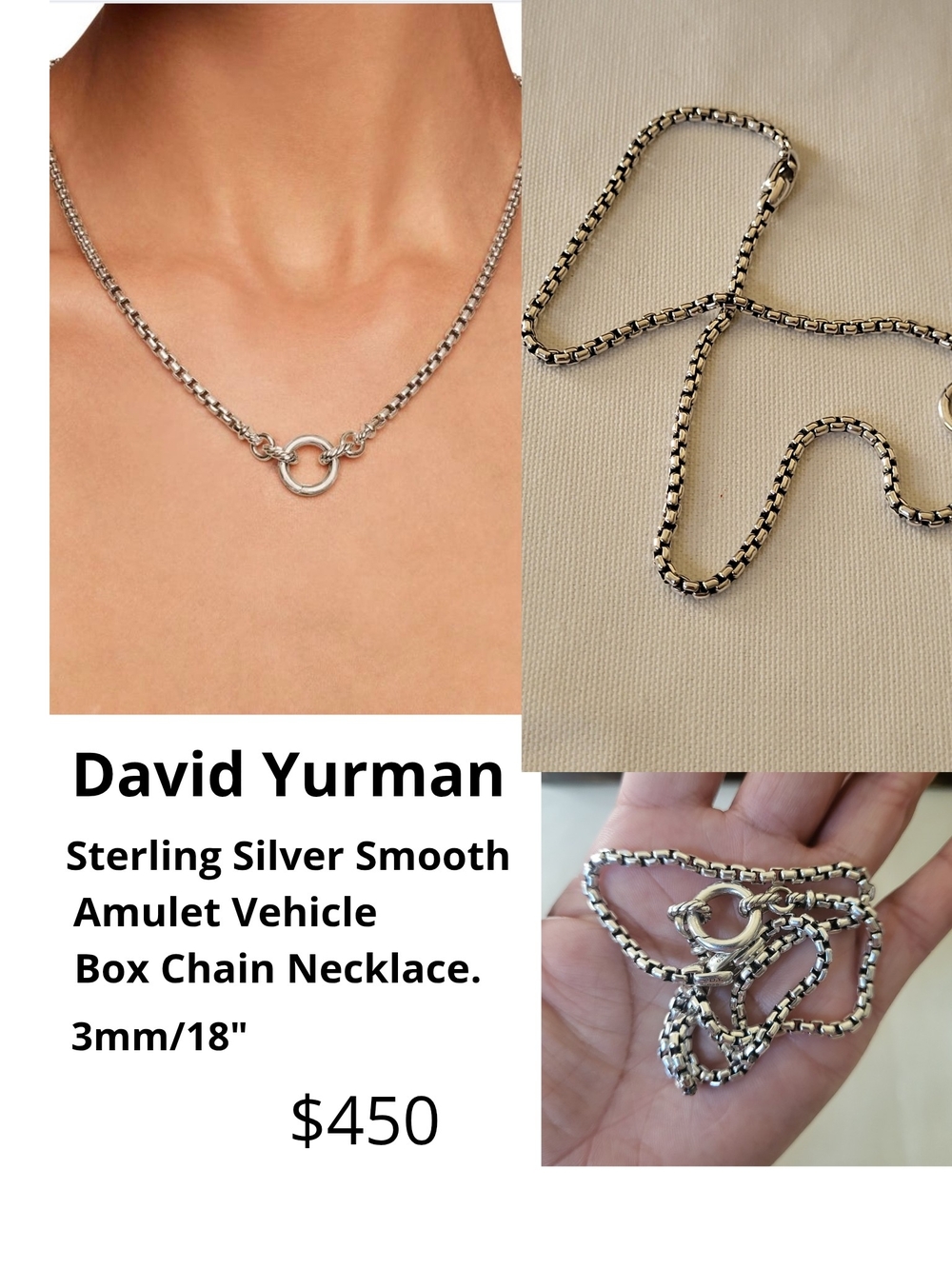 David Yurman Smooth Amulet Box Chain Necklace 18" Sterling Silver. #225b